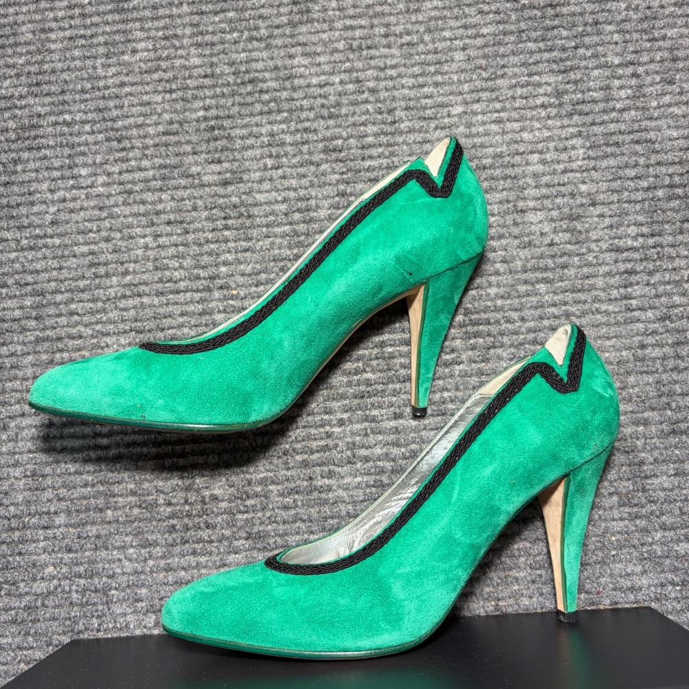Andrea Pfister Neiman Marcus Green Suede Pumps Heels Italy Women 7 - Vintage